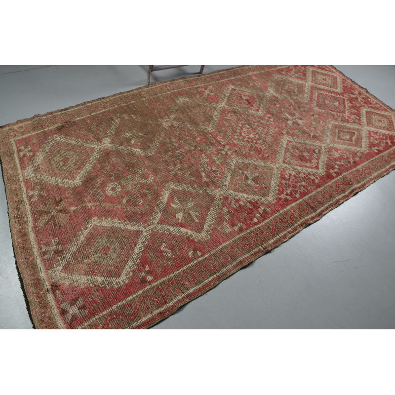 Tapis de couloir turc rétro fabriqué à la main en rouge discret avec motif géométrique