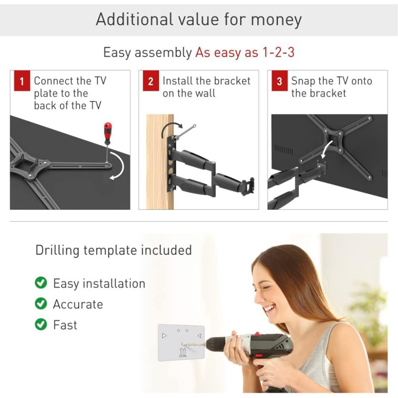 Barkan 21'' Long TV Wall Mount, 13-65 inch Full Motion Articulating - 4 Movement Premium Flat/Curved Screen Bracket, Holds up to 80lbs, Extremely Extendable, Fits LED OLED LCD