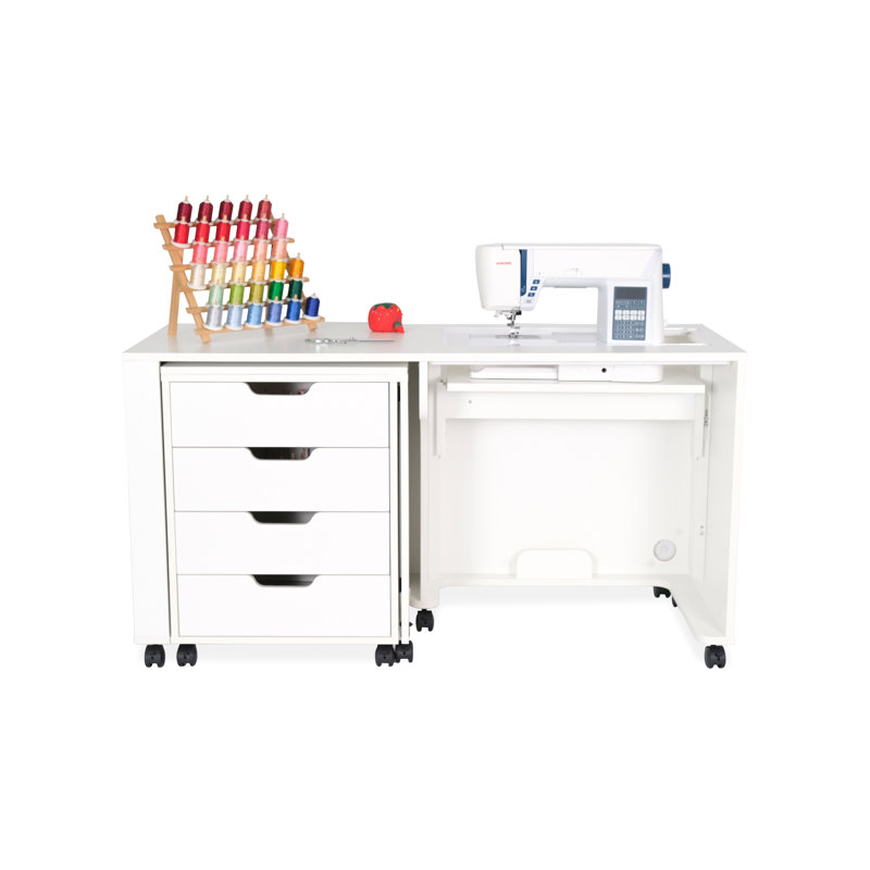 White Hydraulic Lift Sewing Cabinet with Storage and Ironing Station