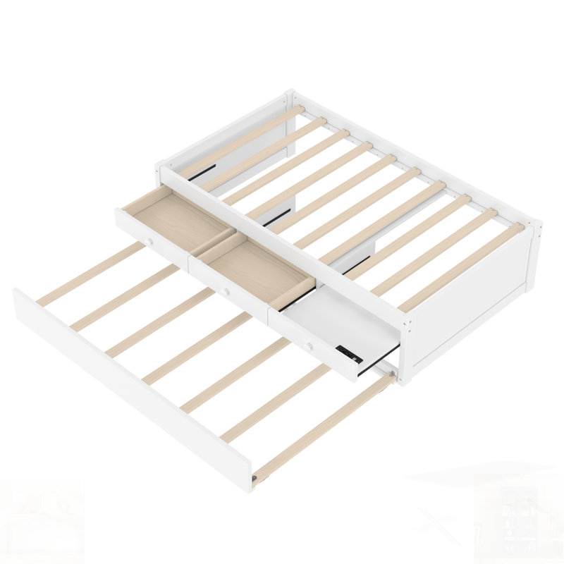 Lit plateforme avec lit gigogne et 2 tiroirs, fabrication en bois massif, multiprise, Lit simple, Blanc