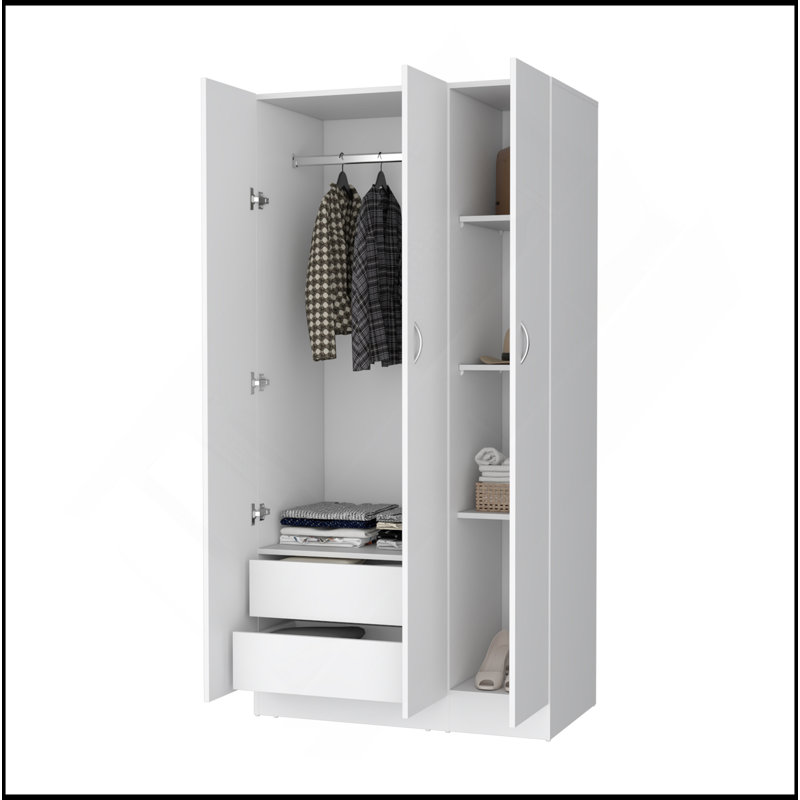 Armoire Casper avec 2 tiroirs, tringle suspendue et 3 portes, Blanc