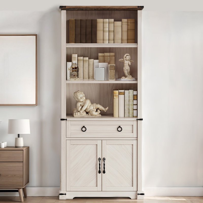 Rustic White 2 Shelf & Cabinet Bookcase with Drawer Mix of Open Display & Concealed Storage