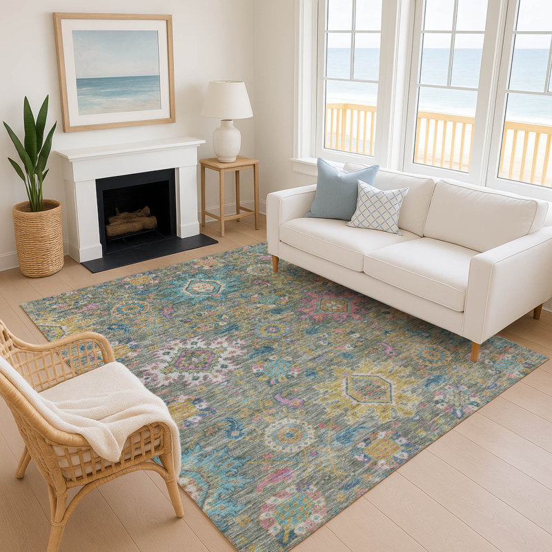 Premium Machine Washable Mayfield AMF2151 medallions Rug, Rectangle 3' x 5', Aloe