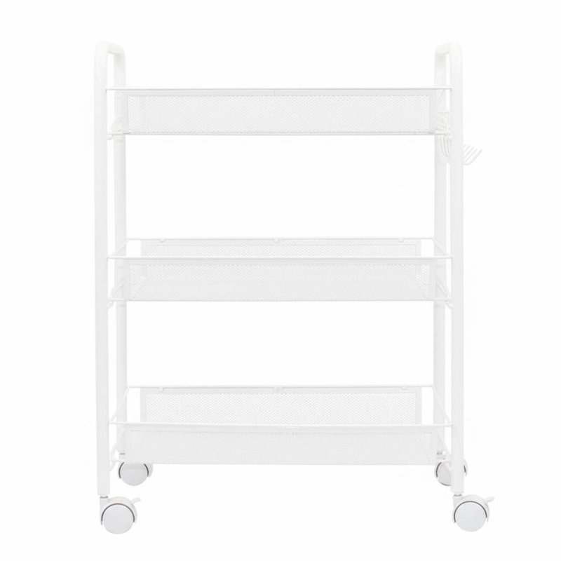 White 3-Tier Mesh Rolling Utility Cart With Hooks