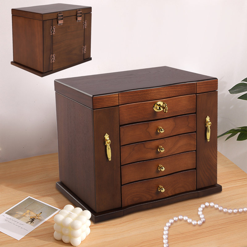 5 Layer Wooden Jewellery Box with Mirror and Combo Lock Vintage Style