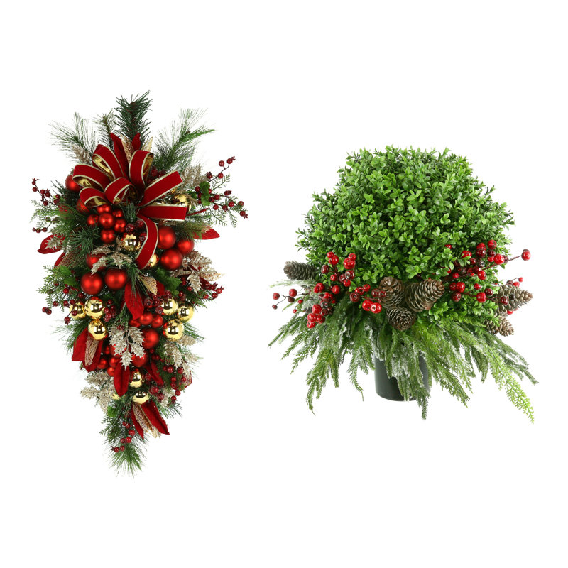 Holiday Door Swag and UV Rated Boxwood Drop-In