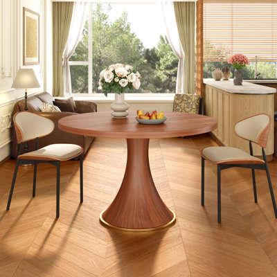 Mid-century Modern Solid Wood Round Table with Set of 2/4/6 Leather Upholstered Dining Chairs