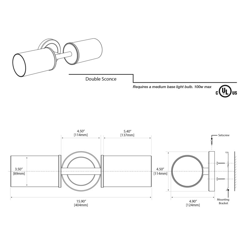 Applique murale 2 lumières Latitude II | Éclairage pour meuble-lavabo, montage horizontal ou vertical, Chrome