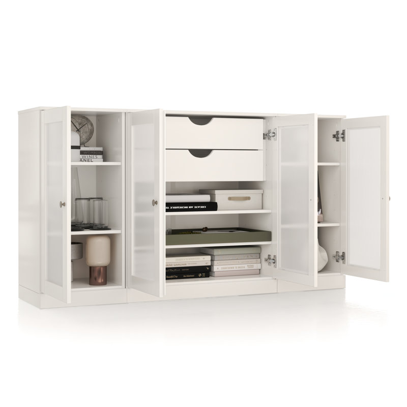 100% Solid Wood 65" Sideboard with Frosted Glass Doors, 2-Drawers and Adjustable Shelves, White