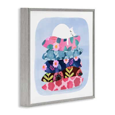 Stupell Industries Sleepy Cat On Patterned Pillows Framed Giclee, Design By Angie Rozelaar In Farmhouse Gray Framed Giclee