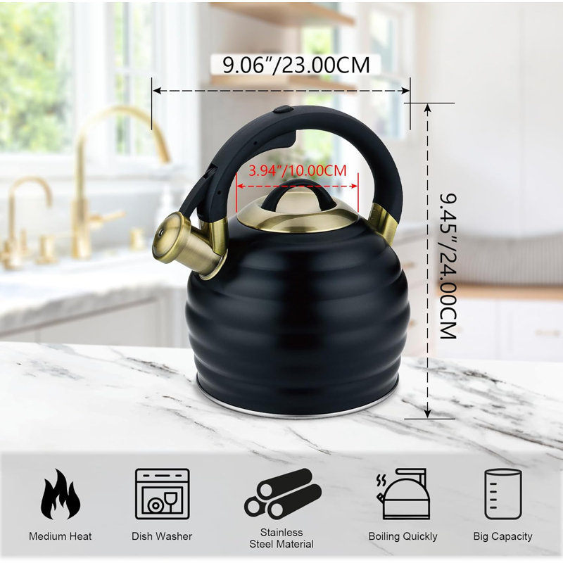 Bouilloire à sifflet en acier inoxydable avec base à 5 couches, à déclenchement à une main, compatible avec une cuisinière et à induction