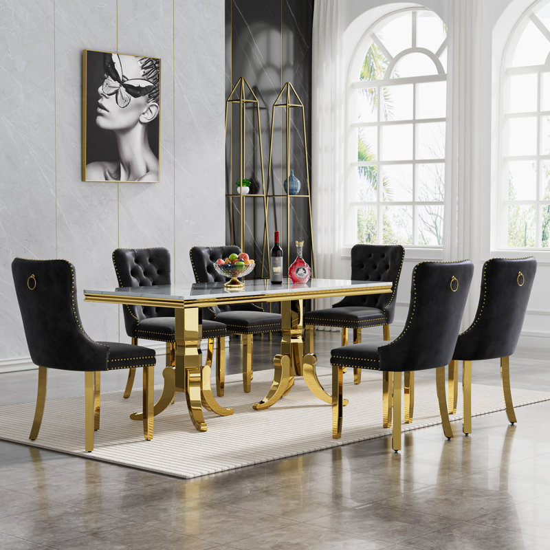 Modern Faux Marble Dining Table Set, Luxury 70" Dining Room Table with Velvet Upholstered Chairs, Luxurious Kitchen Table with Stainless Steel Pedestal, Dining Table Set