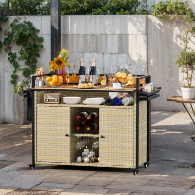 Asaria XL Outdoor Kitchen Wicker Island Rolling Cart Bar Table & Storage Cabinet, Wheels and Plastic Wood Extended Table Top