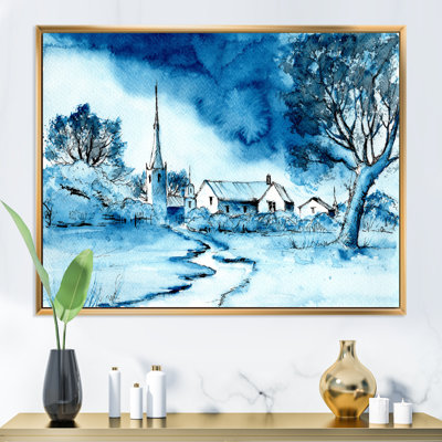 Paysage dans les tons bleus d'une petite ville - reproduction sur toile