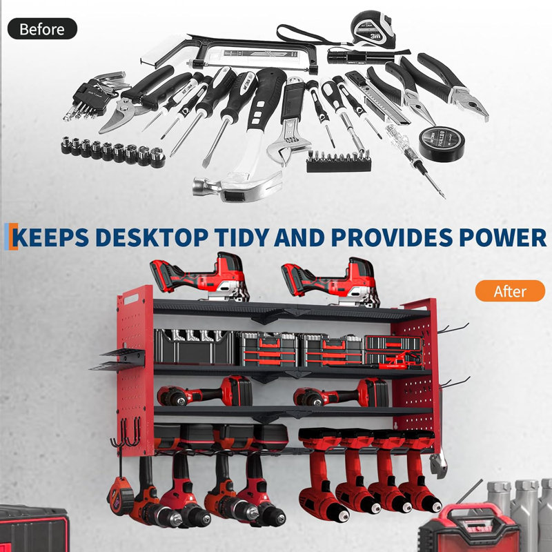 Support mural pour outils électriques avec station de charge, support de garage robuste à 3 couches avec 8 prises, 4 tablettes de rangement pour perceuse avec crochets, support de batterie pour tablette de perceuse pour garage, établi
