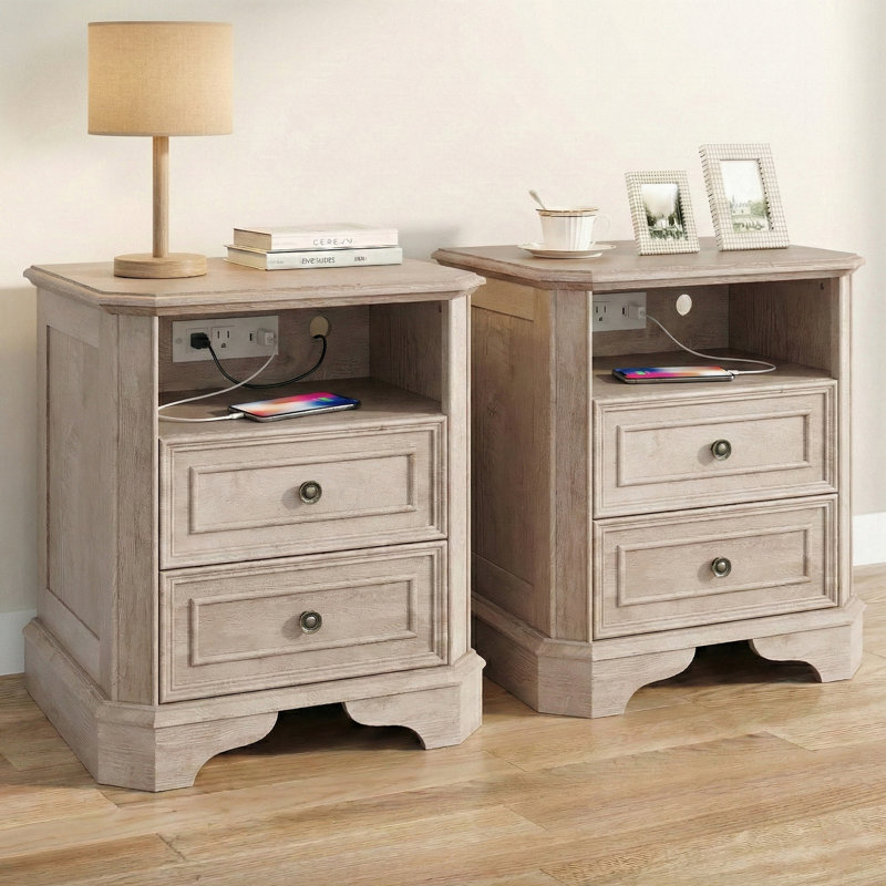 Set of 2  24" Traditional Nightstand with Charging Station with Open Storage Shelf, Set of 2, Distressed White
