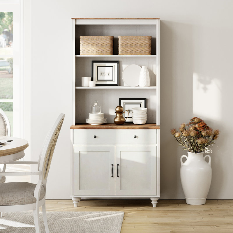 Scarlett Sideboard Cabinet With Bar Hutch, Farmhouse Sideboard Credenza For Dining Room, Modern Buffet Cabinet, Large Storage Cabinet With Wood Doors And 5 Tier Shelve, White
