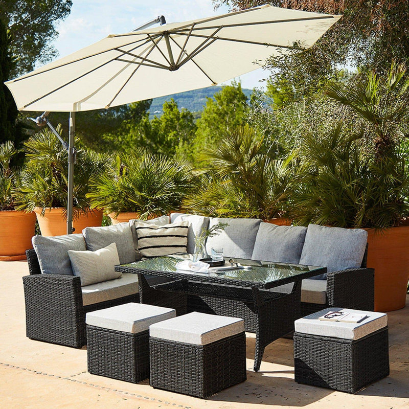 Bernardina All Weather Wicker/Rattan 9 - Person with Cushions & Parasol, Black, White