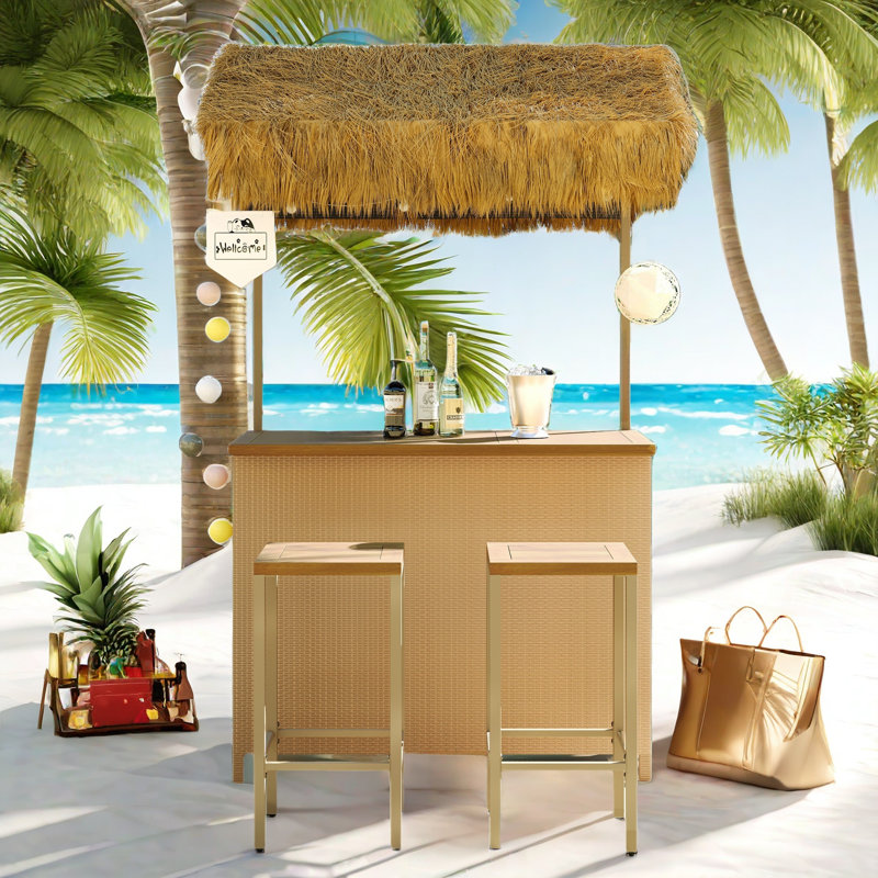 Hawaiian-style Bar Patio Set Included A Table With Canopy And Two High Stools