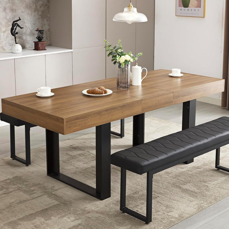 Rectangular Extendable Dining Table, Brown Wood, Black