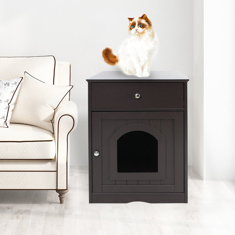 Enceinte de litière pour chat en bois massif avec table d'appoint et tiroir, caisse intérieure, table de chevet brune pour chats