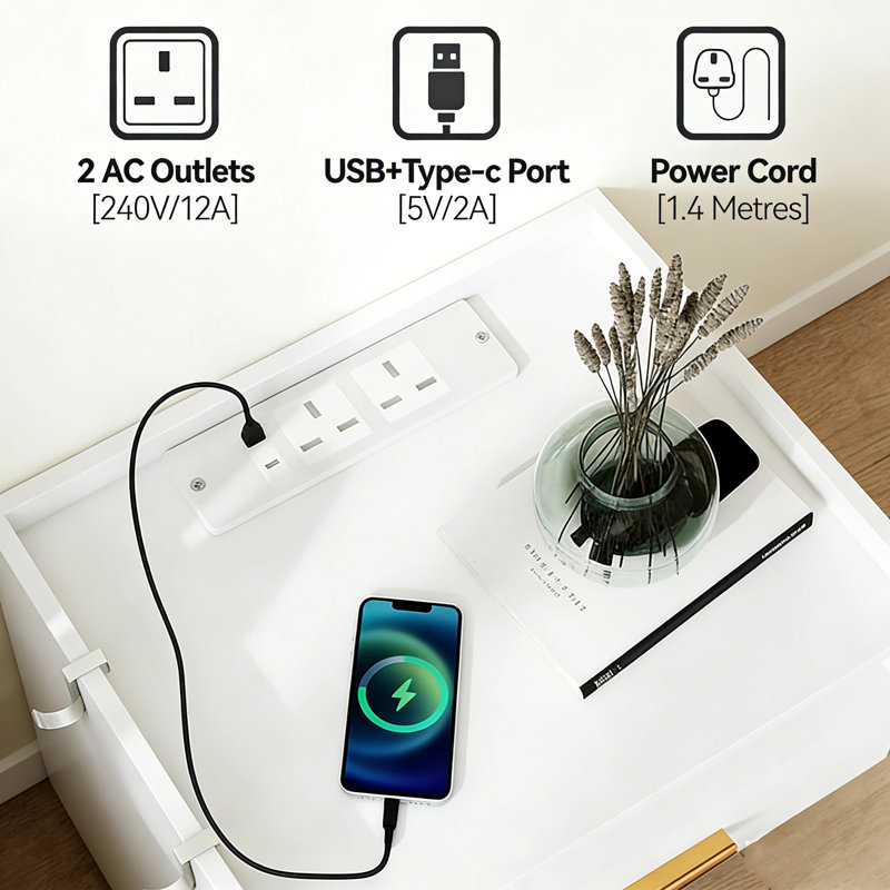 Floating Bedside Table with Charging, Wall Mounted Nightstand with Drawer and 2 hooks, White