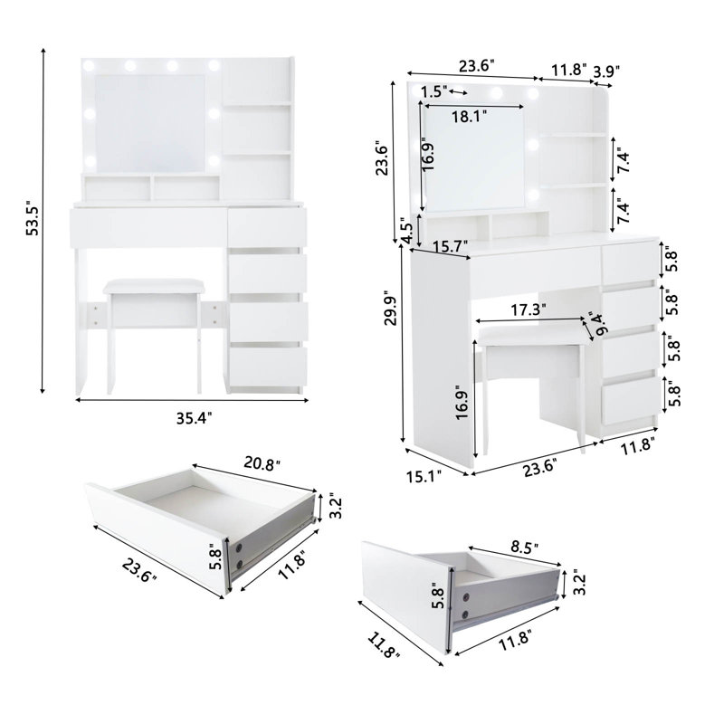 Meuble-lavabo de 37 po avec miroir et lumières, coiffeuse de maquillage avec station de charge, coiffeuse blanche avec 10 ampoules à DEL Hollywood, support pour sèche-cheveux et tabouret rembourré, 3 modes d'éclairage, blanc