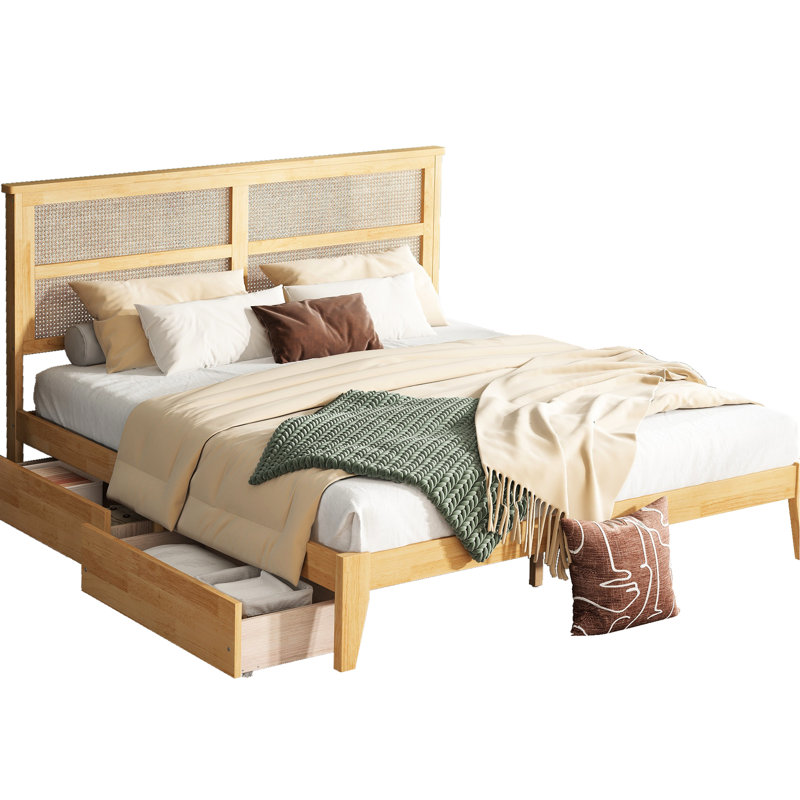 Très grand lit avec tête de lit tissée captivante et deux tiroirs de rangement efficaces, Très grand lit, White Oak