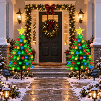 Lot de 2 sapins de Noël solaires de 1,10 m avec guirlandes lumineuses en forme de flocons de neige