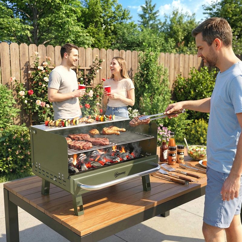 Outsunny 52cm W Portable Charcoal Grill, Green