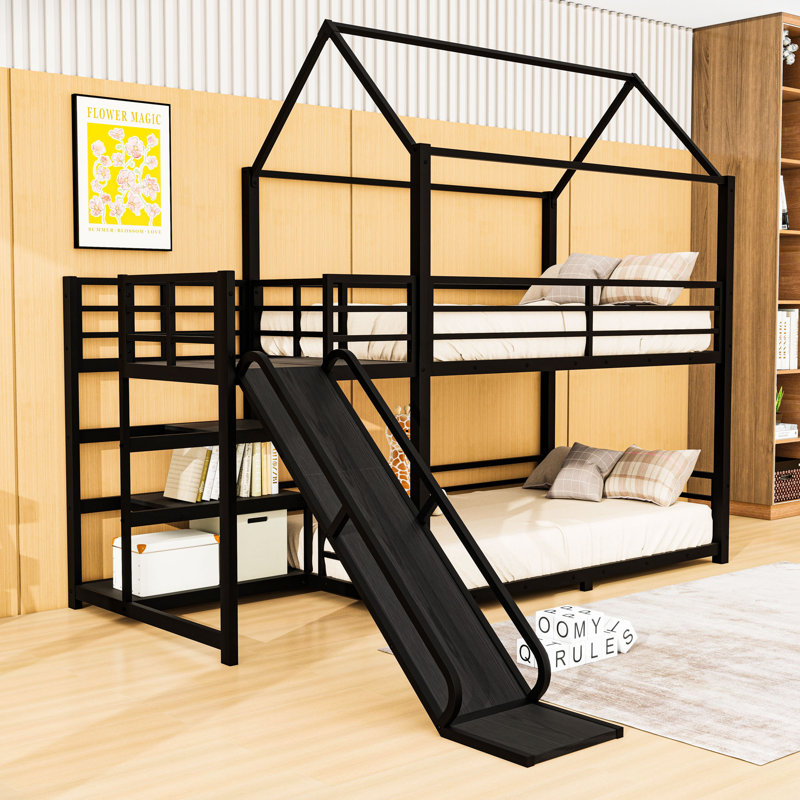 Charming House-Shaped Bunk Bed With Slide, Stairs And Built-In Storage, Twin Over Twin