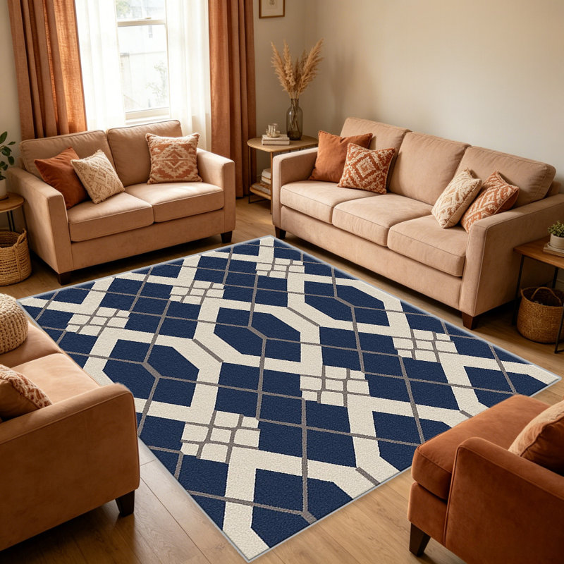 Navy Lattice area rugs for Living Room, Soft and Comfortable, Suitable for all seasons, easy to maintain, machine washable Indoor floor mat, Under Table Farmhouse suitable for Bedroom, Dining Room, Study, Patio, Balcony, Home Decor