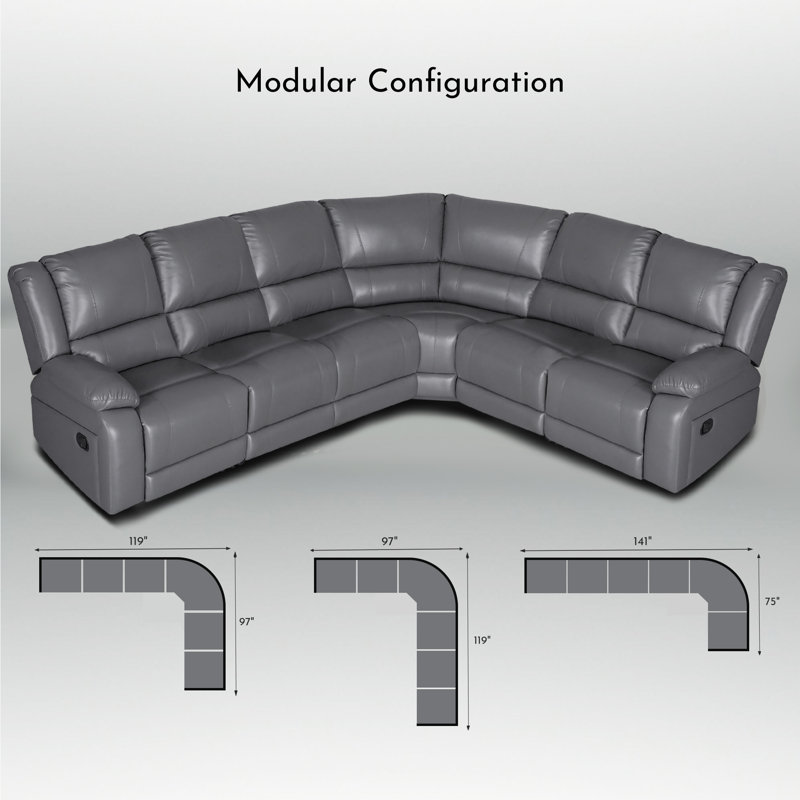  Lasceau Faux Leather 6-SEAT Manual Reclining Corner Sectional, Gray, 38" H x 119" W x 97" D
