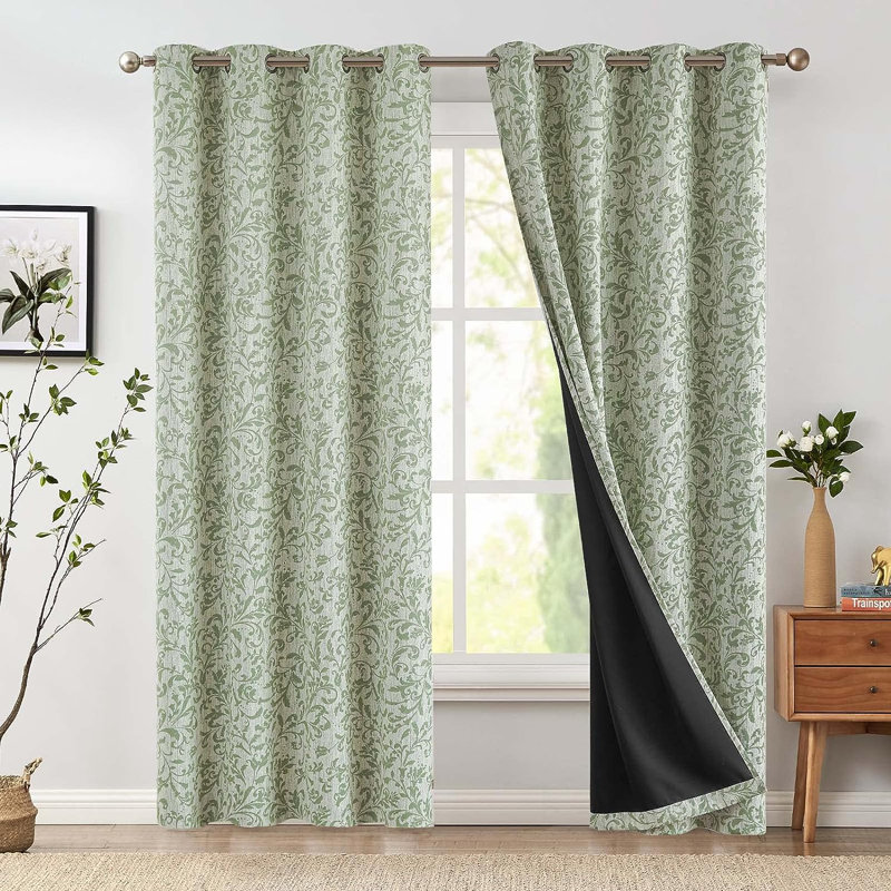 Paire de rideaux occultant à motif floral Ghaleb, Volute; vert, L 50 po x L 96 po