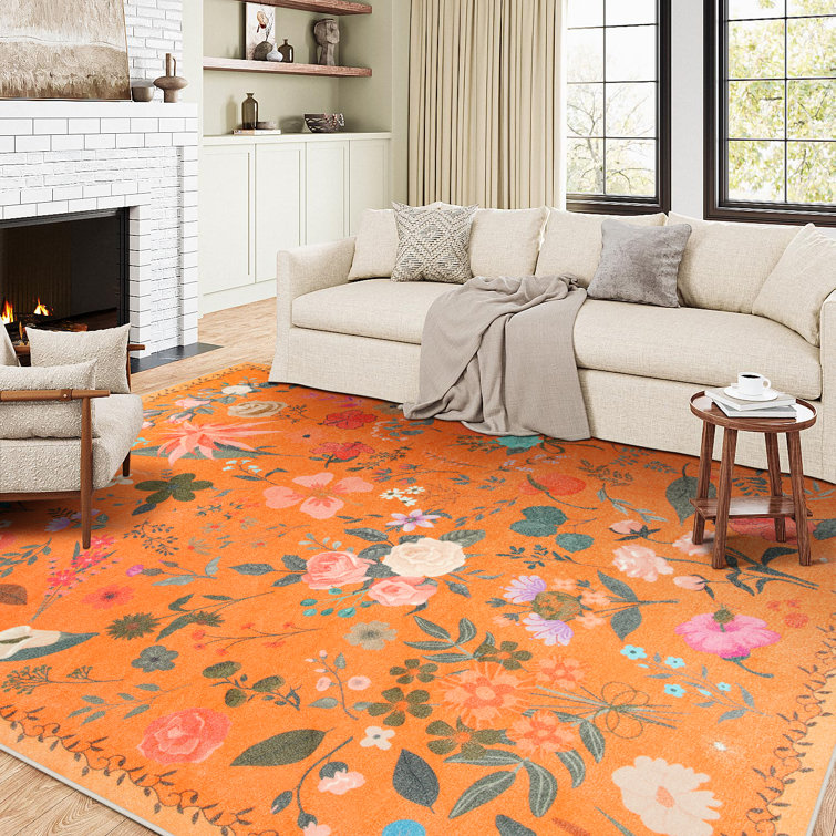 Groner Large Flower Living Room Rug Washable Bedroom Rug Non-Slip Colorful Vintage Accent Floor Carpet For Home Decor