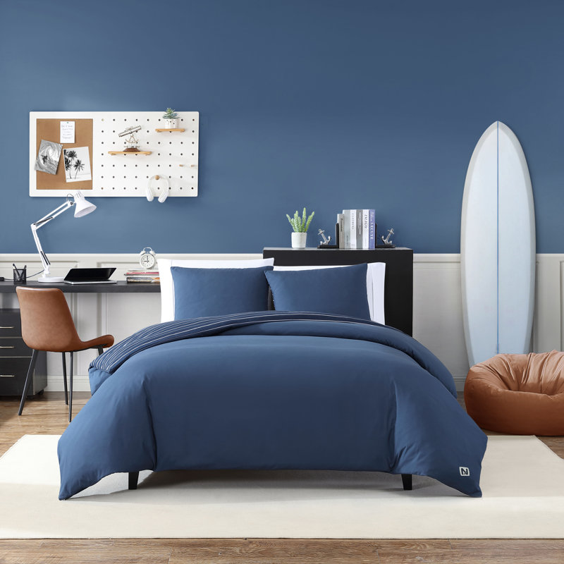 Navy Blue Reversible Twin Duvet Cover Set with Sham