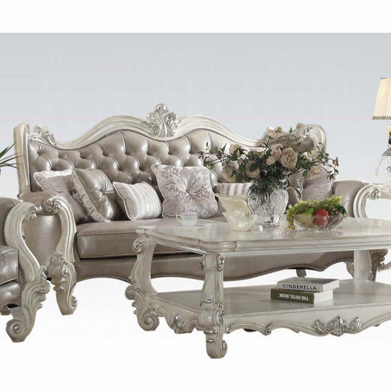 Canapé Versailles avec 7 coussins en gris rétro et blanc os, Argent argent, Similicuir argent