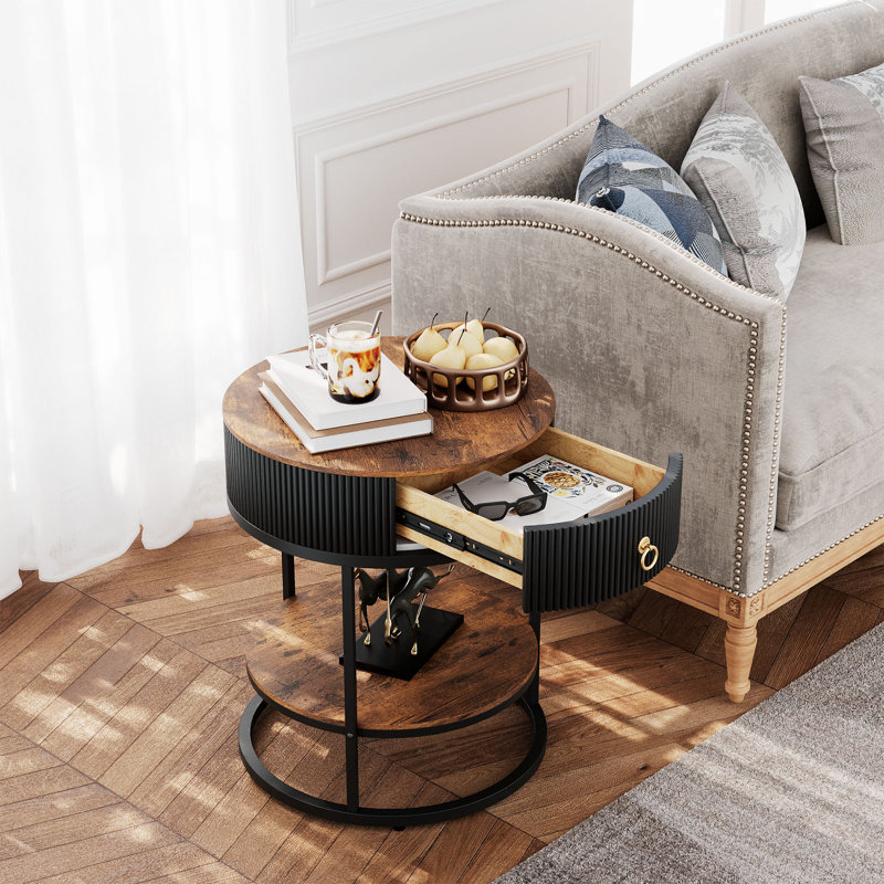 Round Side Table with Storage Drawer & Open Shelf, Black, Black