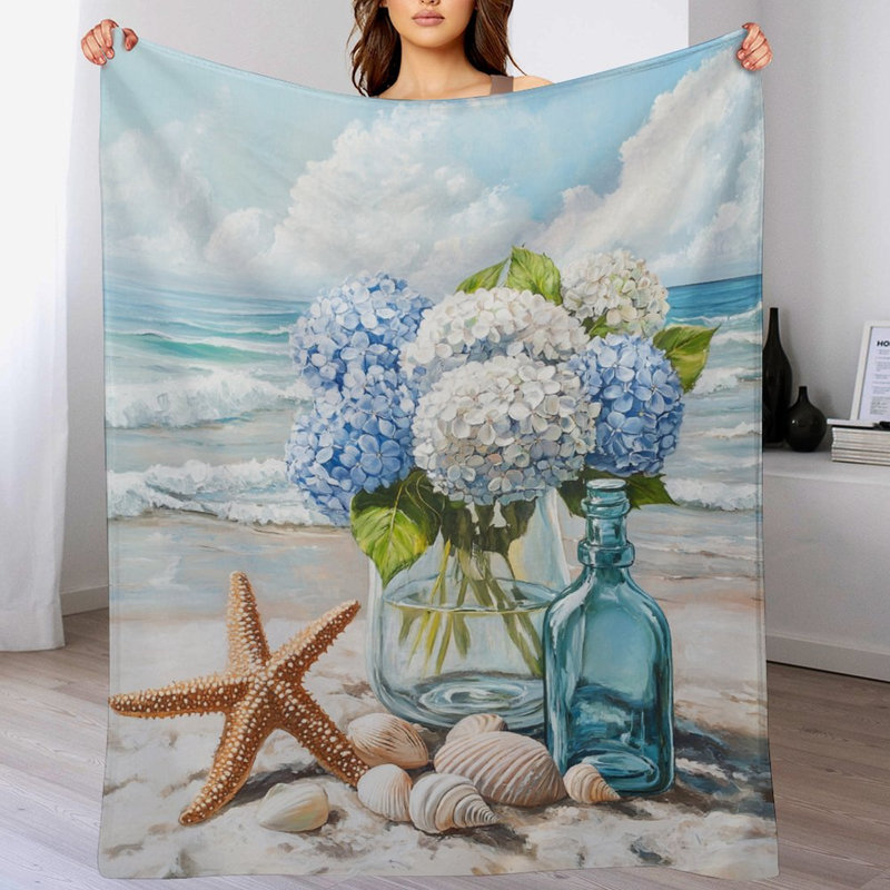 Jeté en flanelle d'hortensias, étoile de mer et coquillages de luxe, couverture douce et douce pour le salon, 40 po x 50 po
