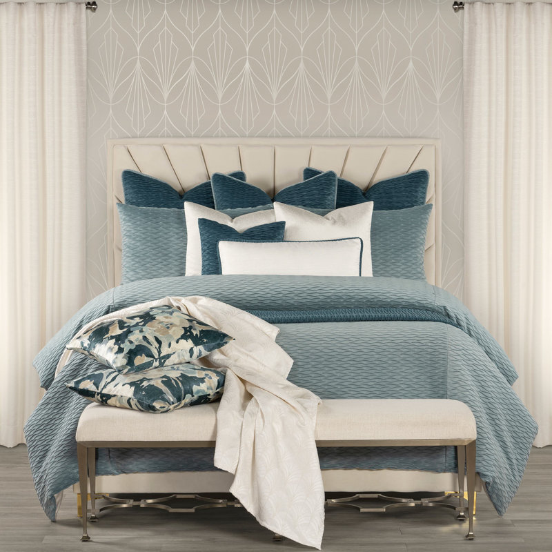Ensemble de housse de couette et insert en velours plissé, Housse de couette très grand et insert + 9 pièce, Marée bleue