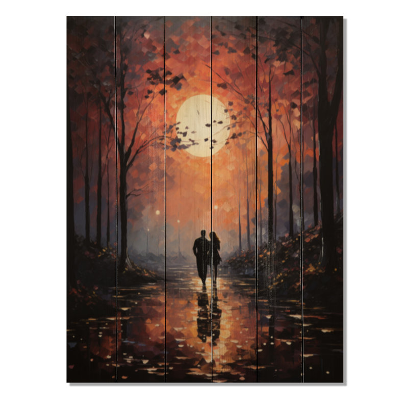 Couple romantique, paysage embrassant le coucher de soleil II sur bois, H 20 po x l 10 po x P 0,78 po