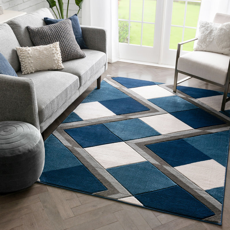 Tapis bleu à motif géométrique de losanges, Rectangle 3 pi 11 po x 5 pi 3 po
