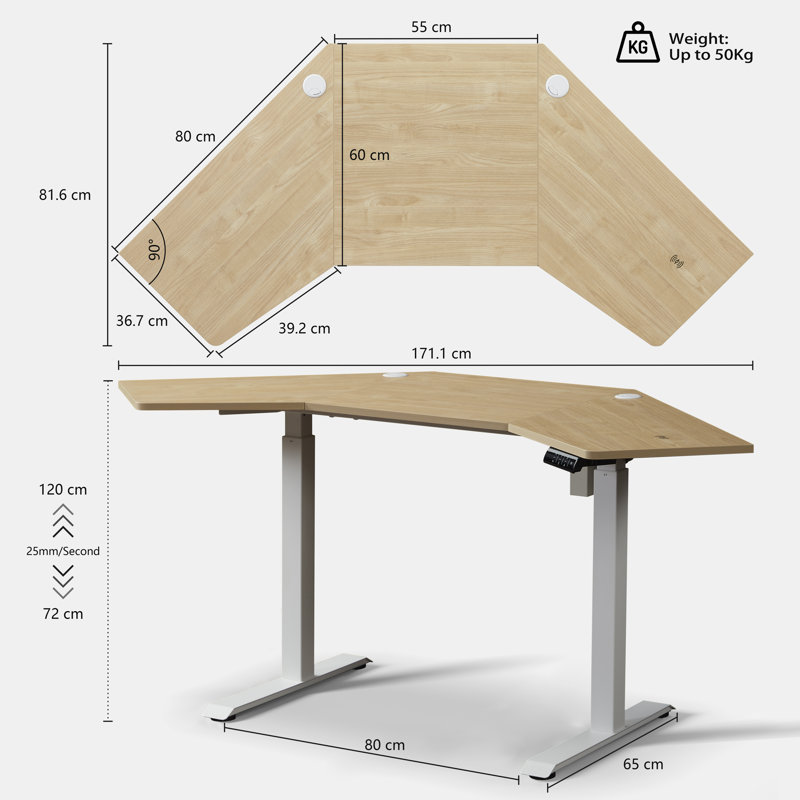 Balwan Height Adjustable Corner Standing Desk with Wireless & USB Chargers, White, Oak
