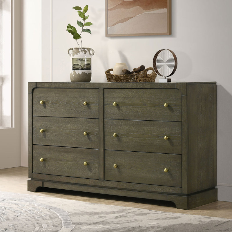 Commode 6 tiroirs en bois avec boutons en laiton cacao foncé