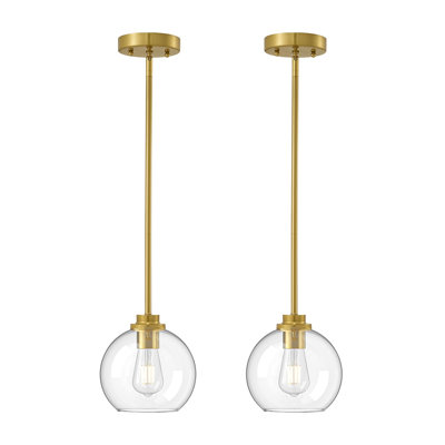 Pendant Light Fixtures 2 Pack with Clear Glass Globe Shade, Gold Kitchen Hanging Lighting Over Island, Hardwired Adjustable Metal Rod for Dining Room, Entryway