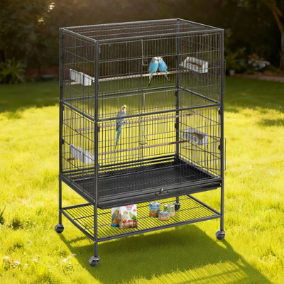 Cage à oiseau, 31,5 x 20,5 x 52 po, toit plat, cage de vol en fer forgé avec perchoirs, plateau coulissant et mangeoires en plastique, roulettes pour perroquet, mésange bleue, cockatiel, canari et perruche moine