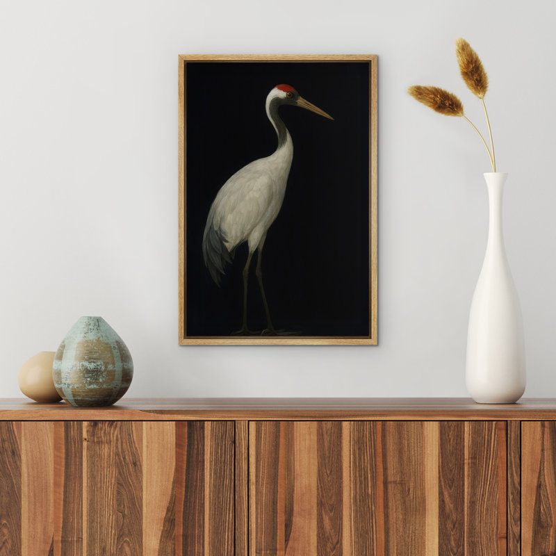 Grue à couronne rouge sur fond - reproduction d'art, art mural sur toile encadré pour couloir ou bureau, décor d'oiseau élégant dans un style asiatique traditionnel