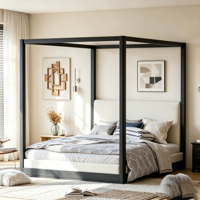 Lit plateforme à baldaquin en bois avec tête de lit tapissier, Noir, Grand lit
