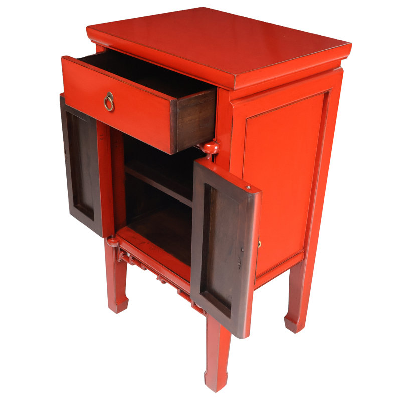 Oriental End Table With Antique Matte Lacquer Finish in Red