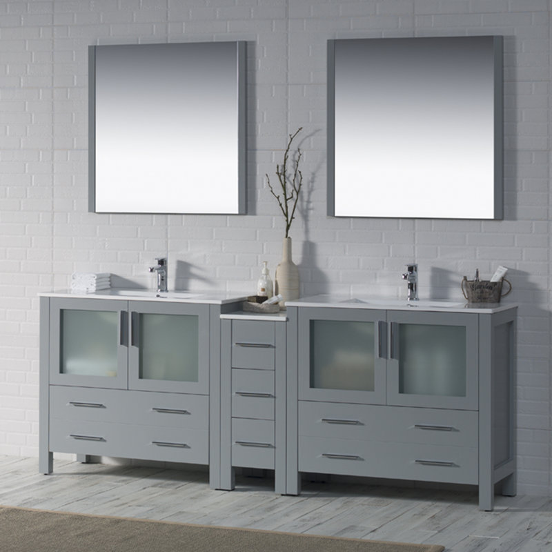 Mance 84.88'' Double Bathroom Vanity with Ceramic Top, Metal Gray